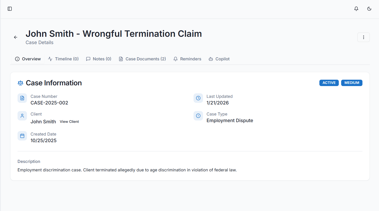 Case detail page showing case information, status badges, and navigation tabs