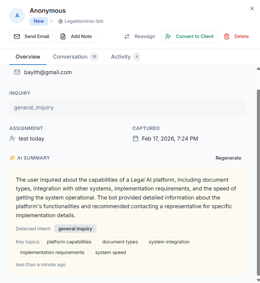 Lead overview with AI-generated summary, detected intent, and key topics
